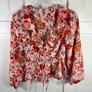 Old Navy Pink Floral Ruffle Peplum Blouse Long Sleeve XS